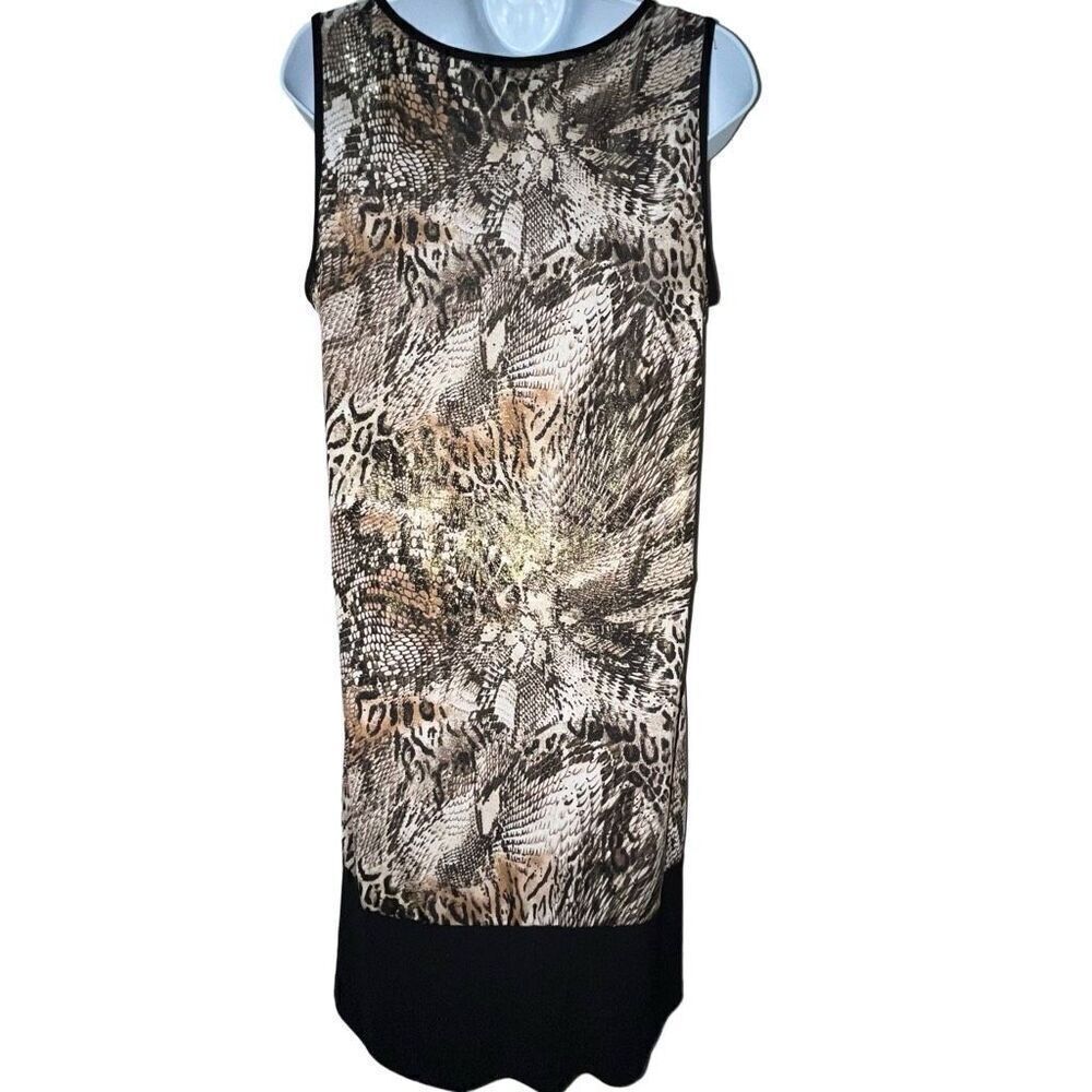 Prelude Women’s Sz Large Sheath Dress Sleeveless Animal Print Tan Black Sparkle